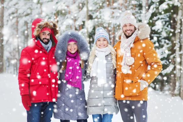 Grupo de homens e mulheres sorridentes na floresta de inverno — Fotografia de Stock