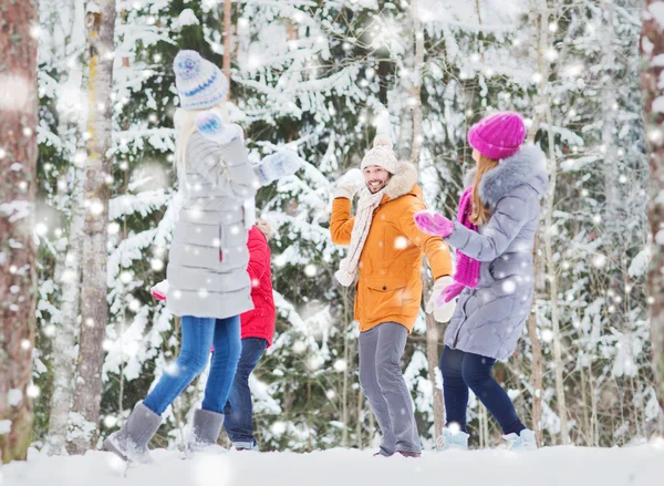 Groep gelukkige vrienden spelen sneeuwballen in bos — Stockfoto