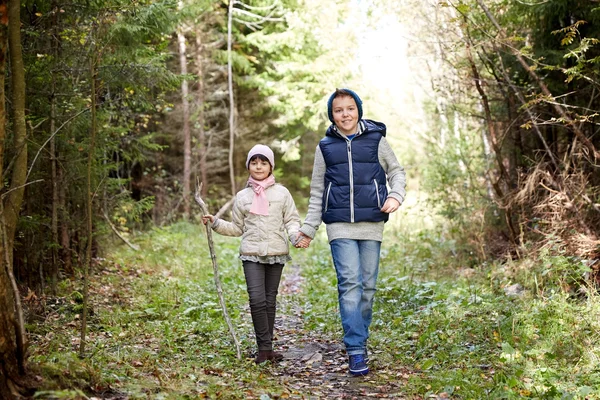 Dos niños felices caminando por el camino del bosque —  Fotos de Stock