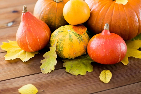 Close up of pumpkins on wooden table at home — Stock Photo, Image