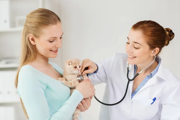 Mulher feliz com gato e médico na clínica veterinária — Fotografia de Stock