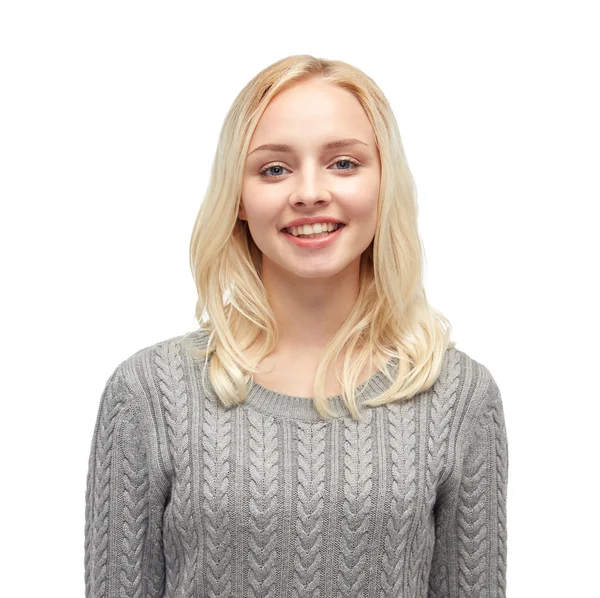 Χαμογελαστός νεαρός κορίτσι γυναίκα ή έφηβος στο πουλόβερ — Φωτογραφία Αρχείου