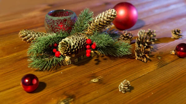 Christmas fir branch decoration and candle lantern — Stock Photo, Image