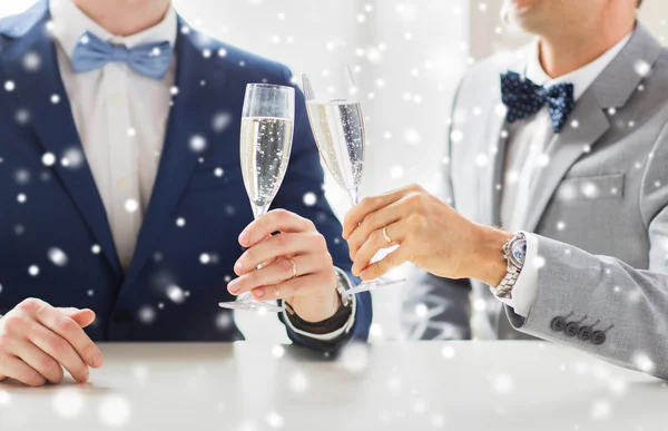Close up de masculino gay casal com champanhe copos — Fotografia de Stock