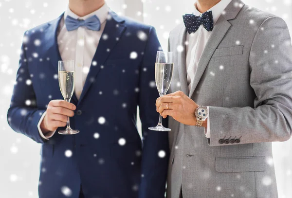 Close up of male gay couple with champagne glasses — Stock Photo, Image