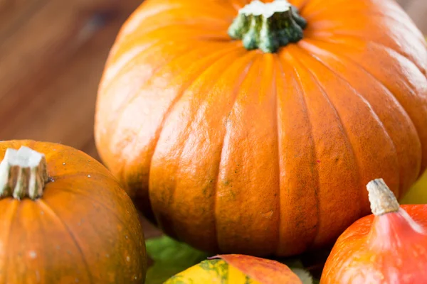Ahşap masa evde üzerinde pumpkins, yakın çekim — Stok fotoğraf