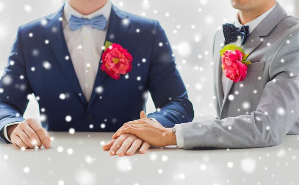 Close up of happy male gay couple holding hands — Stock Photo, Image