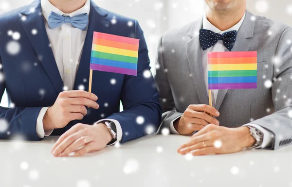 Close up de masculino gay casal segurando arco-íris bandeiras — Fotografia de Stock
