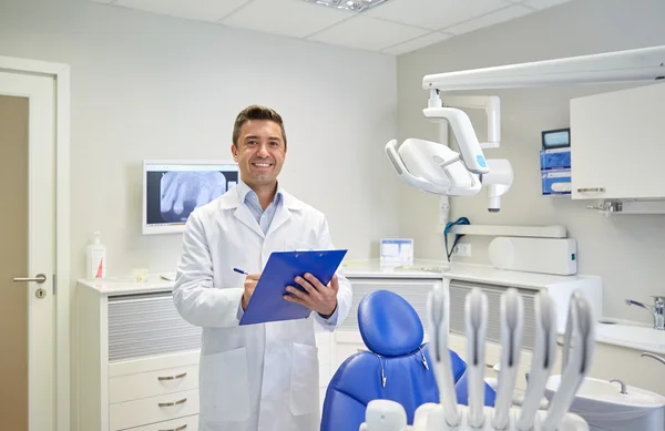 Dentista masculino feliz com área de transferência na clínica odontológica — Fotografia de Stock