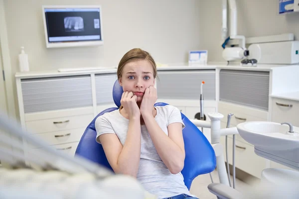 Φοβισμένος και τρομοκρατημένος κορίτσι ασθενών στο οδοντιατρείο — Φωτογραφία Αρχείου