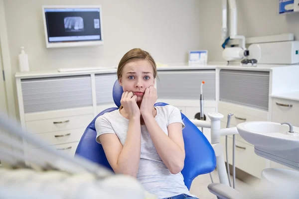 Chica paciente asustada y aterrorizada en la clínica dental — Foto de Stock