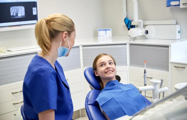 Dentista mujer feliz con chica paciente en la clínica — Foto de Stock