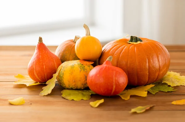 Close up of pumpkins on wooden table at home — Stock Photo, Image