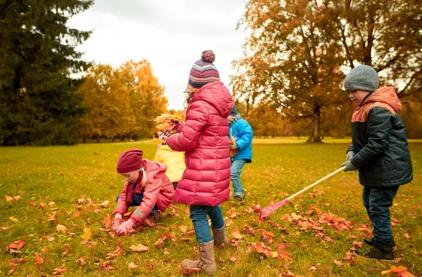 Grupo de crianças que recolhem folhas no parque de outono — Fotografia de Stock