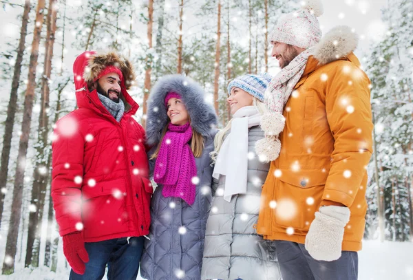 Group of smiling men and women in winter forest — Stock Photo, Image