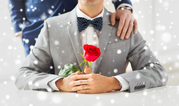 Cerca de pareja gay masculina con anillos de boda en — Foto de Stock
