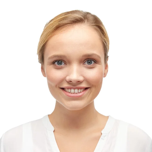 Smiling young woman or teenage girl in shirt — Stok fotoğraf