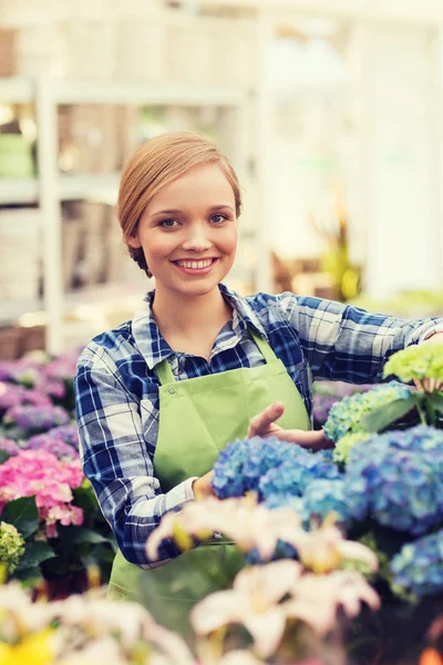 Glückliche Frau kümmert sich um Blumen im Gewächshaus — Stockfoto