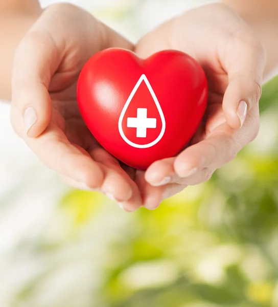 Mains féminines tenant coeur rouge avec signe du donneur — Photo