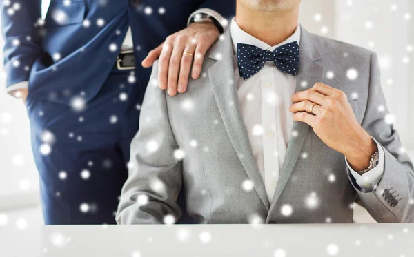 Close up de masculino gay casal com casamento anéis no — Fotografia de Stock