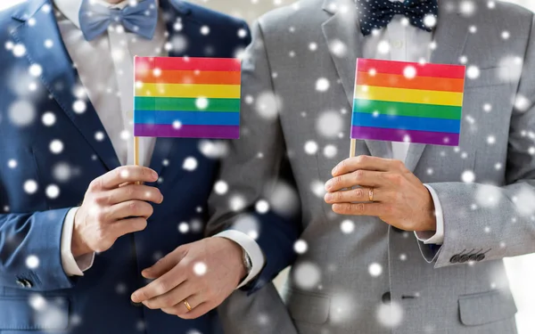 Close up of male gay couple holding rainbow flags — Stock Photo, Image