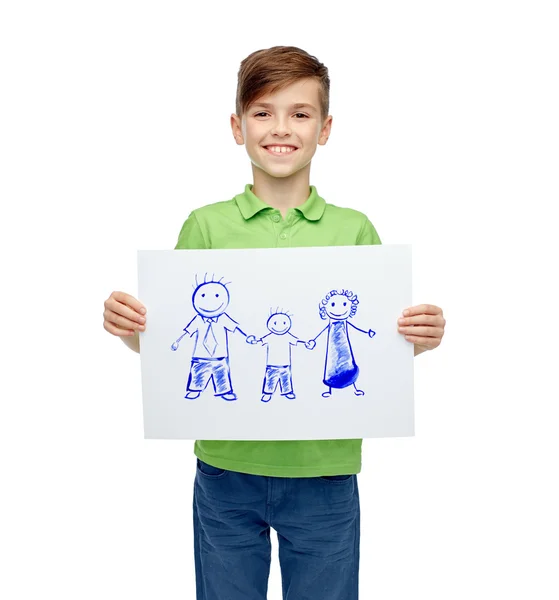 Glücklicher Junge mit Zeichnung oder Bild der Familie — Stockfoto