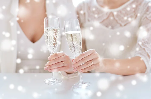 Close up of lesbian couple with champagne glasses — Stock Photo, Image