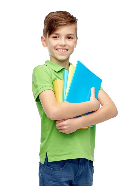 Χαρούμενος μαθητής αγόρι με φακέλους και σημειωματάρια — Φωτογραφία Αρχείου