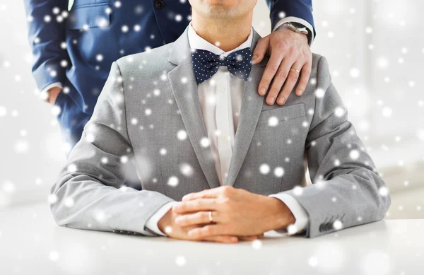 Close up of male gay couple with wedding rings on — Stock Photo, Image