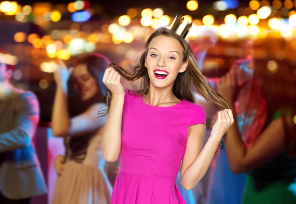 Happy young woman or teen girl in pink dress — Stock Photo, Image