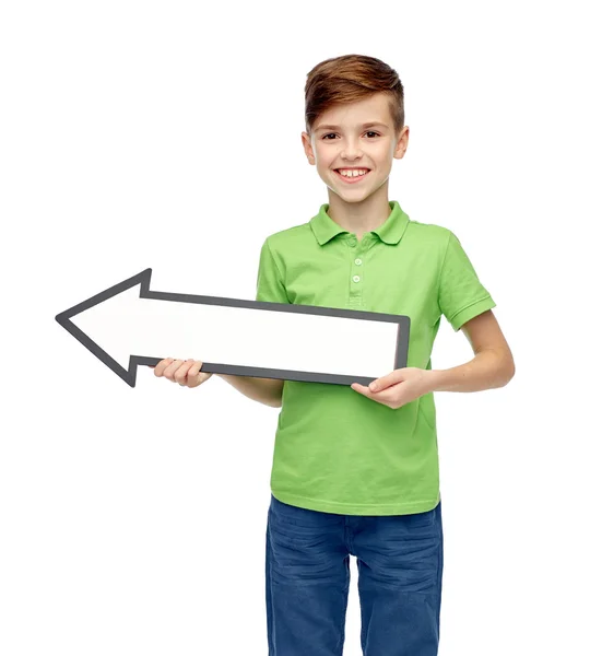 Happy boy holding white blank arrow banner — Stok fotoğraf