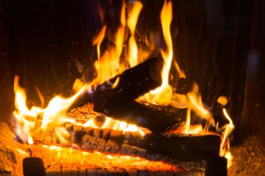 close up of firewood burning in fireplace clipart