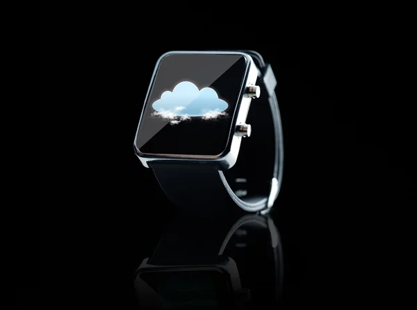 Close up de relógio inteligente preto com ícone de nuvem — Fotografia de Stock