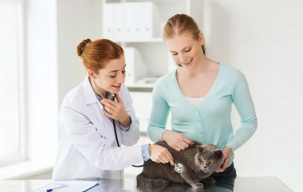 Happy woman with cat and doctor at vet clinic — Stock Photo, Image