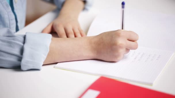 Colegiala mano escritura matemáticas tarea a bloc de notas — Vídeo de stock