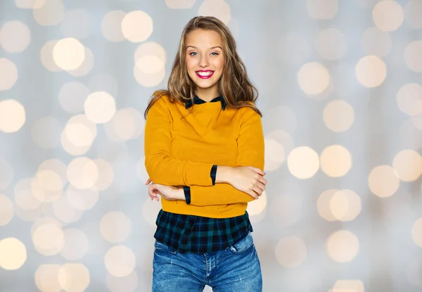 Happy young woman or teen girl in casual clothes — Stock Photo, Image