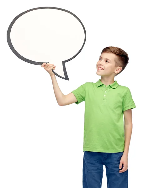 Happy boy holding blank white text bubble banner — Stock Photo, Image