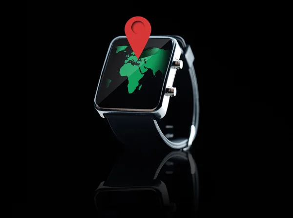 Close up of smart watch with world map projection — Stock Photo, Image