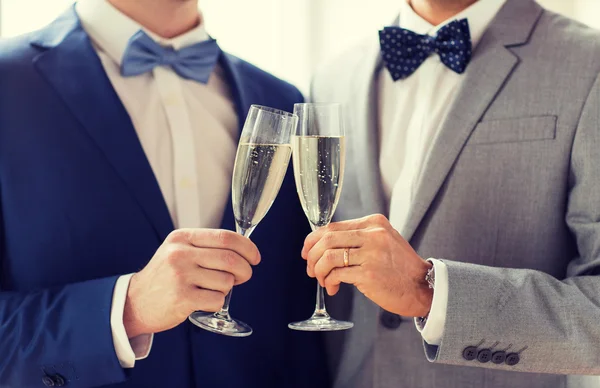 Close up of male gay couple with champagne glasses — Stock Photo, Image