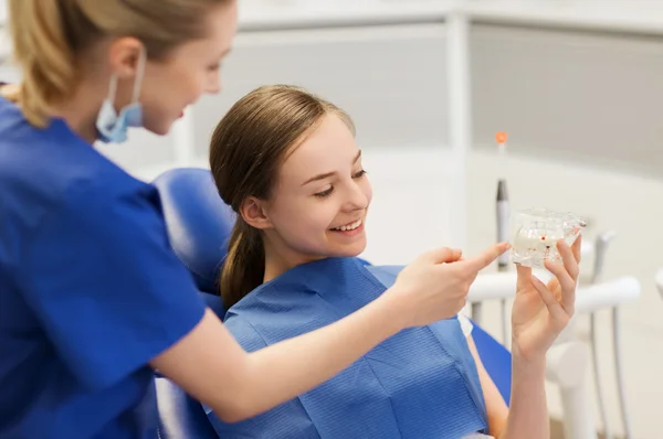 Zahnarzt zeigt glücklichen Patientinnen Kiefer-Layout — Stockfoto