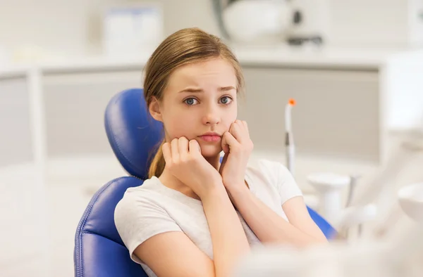 Doen schrikken en bang patiënt meisje op tandheelkundige kliniek — Stockfoto