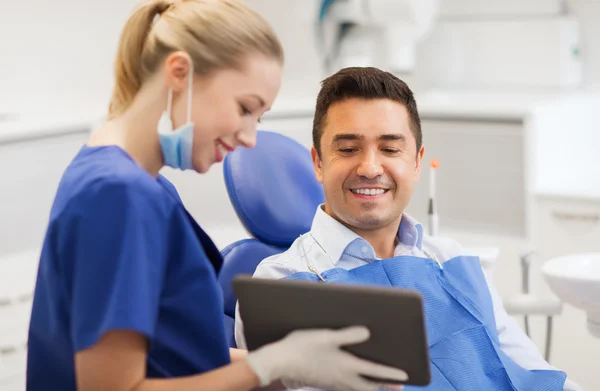 Female dentist with tablet pc and male patient — Stock Photo, Image