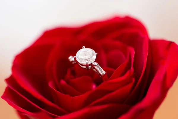 Nahaufnahme von Diamant-Verlobungsring in Rosenblüte — Stockfoto