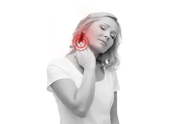 Unhappy woman suffering from neck pain — Stock Photo, Image