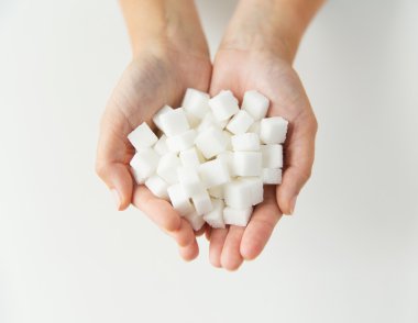 close up of white lump sugar in woman hands clipart
