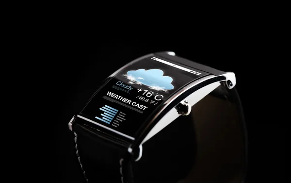 Close up of black smart watch with weather cast — Zdjęcie stockowe