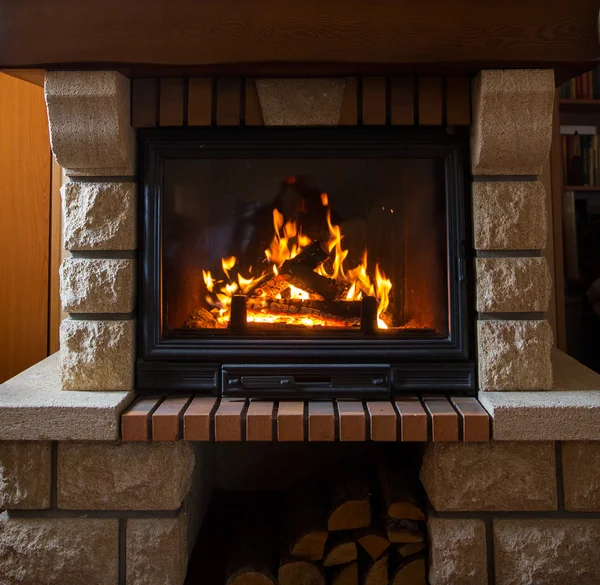 Close up of burning fireplace at home — Stock Photo, Image