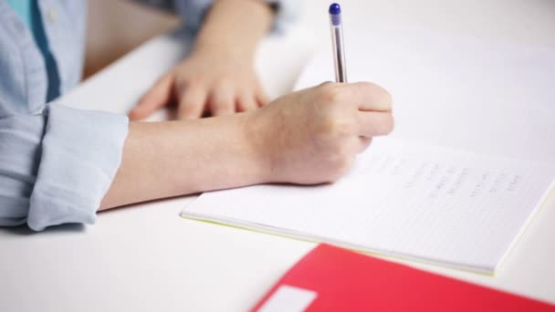 Escola menina mão escrita matemática tarefa para notepad — Vídeo de Stock