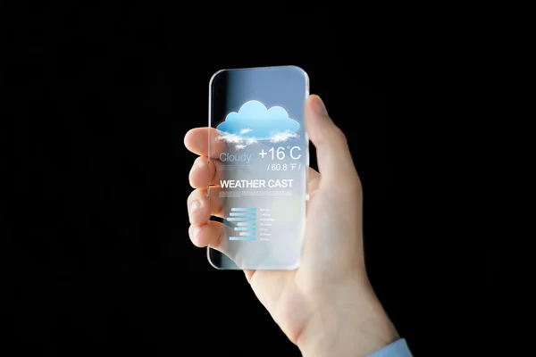 Fechar a mão com o aplicativo meteorológico no smartphone — Fotografia de Stock