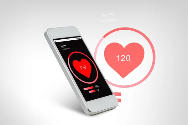 White smarthphone with red heart icon screen — 图库照片